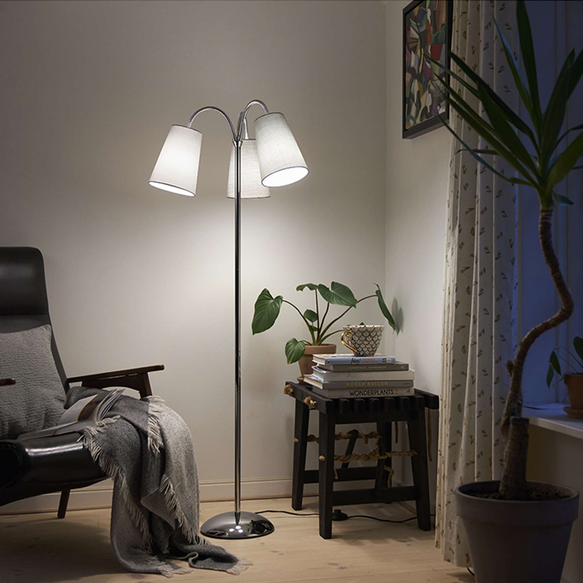 Salsa Gulvlampe Krom – m/lysegrå, mørkegrå og grøngrå lampeskærm