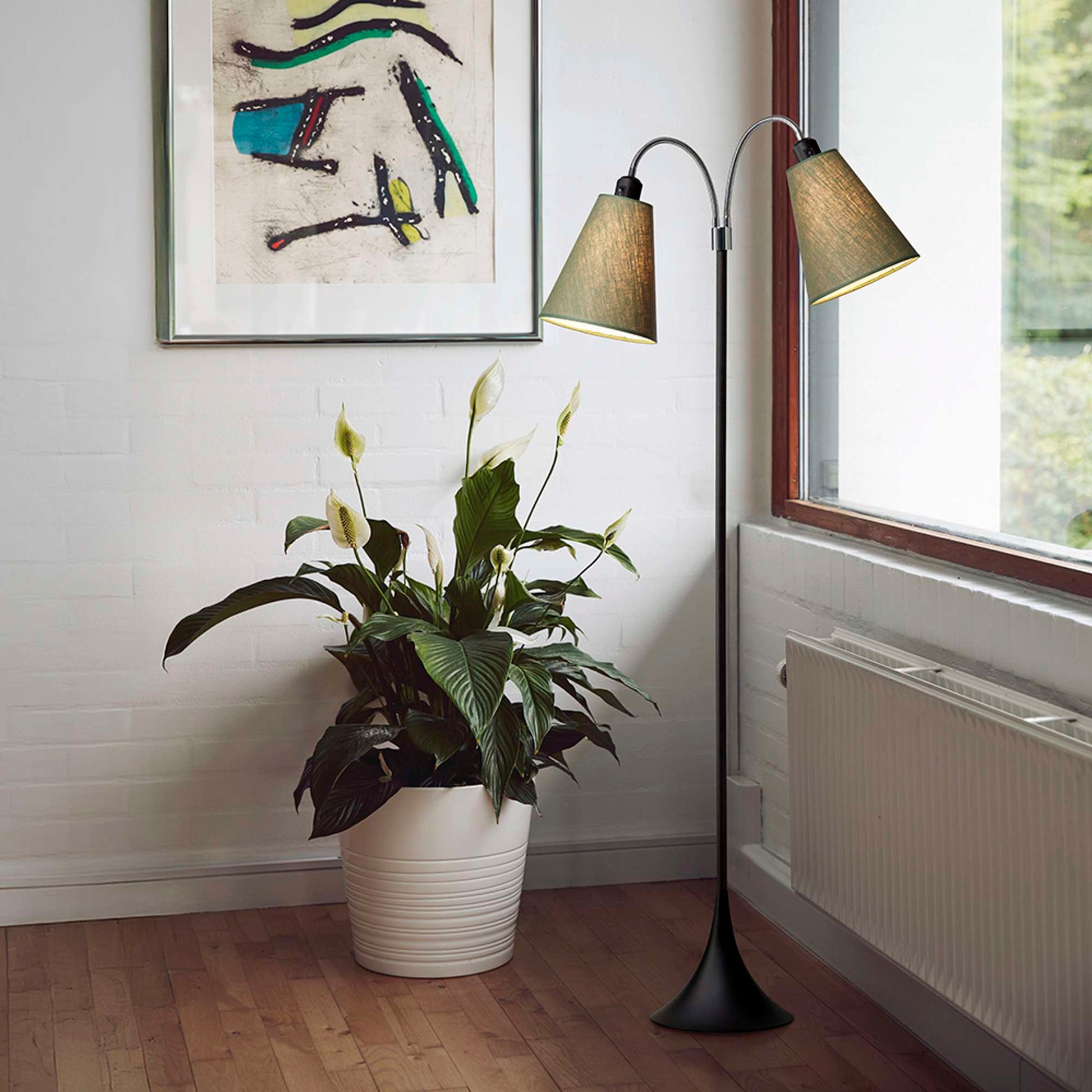 Fodgænger Gulvlampe Sort m/olivengrønne lampeskærme