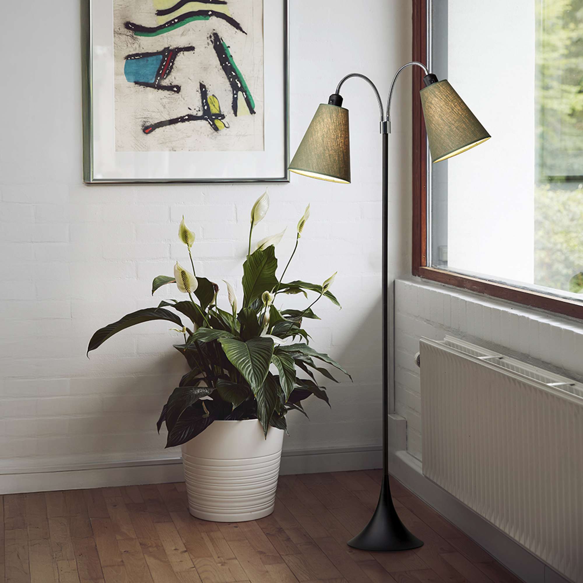 Fodgænger Gulvlampe Sort m/olivengrønne lampeskærme