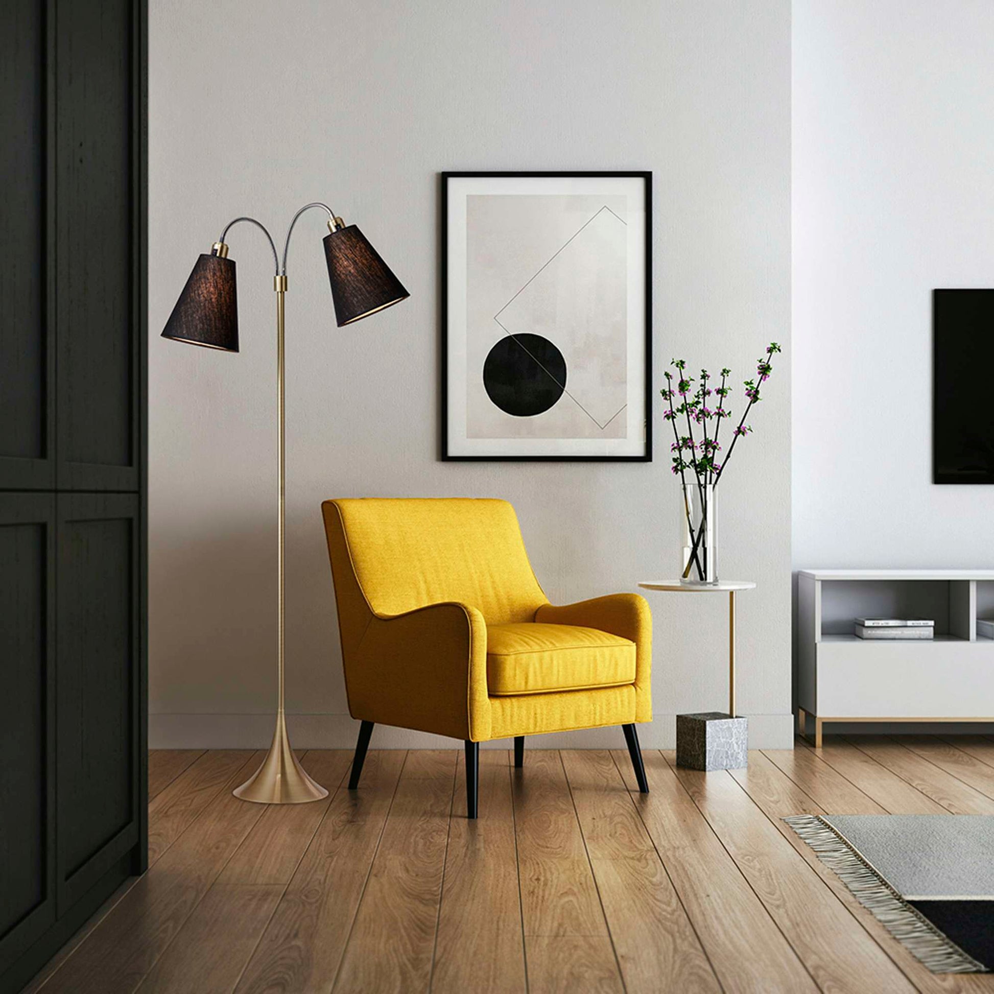 Fodgænger Gulvlampe Antik messing m/sorte lampeskærme