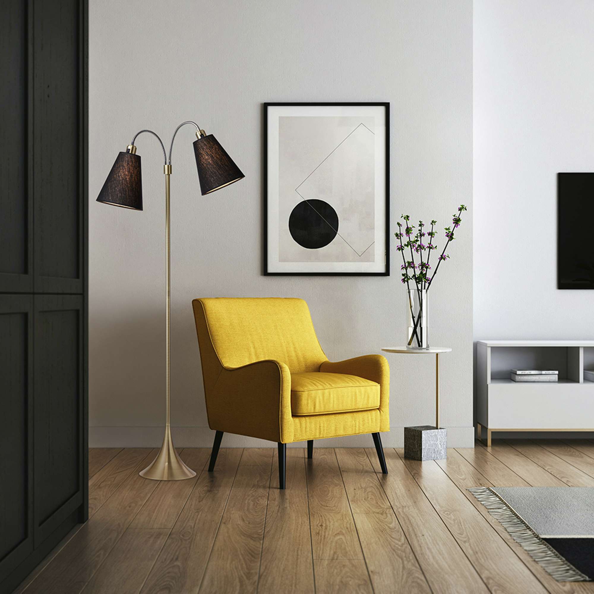 Fodgænger Gulvlampe Antik messing m/sorte lampeskærme