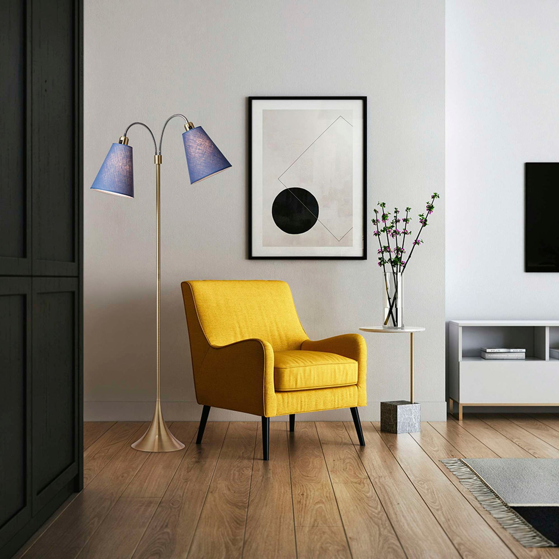 Fodgænger Gulvlampe Antik messing m/dalablå lampeskærme