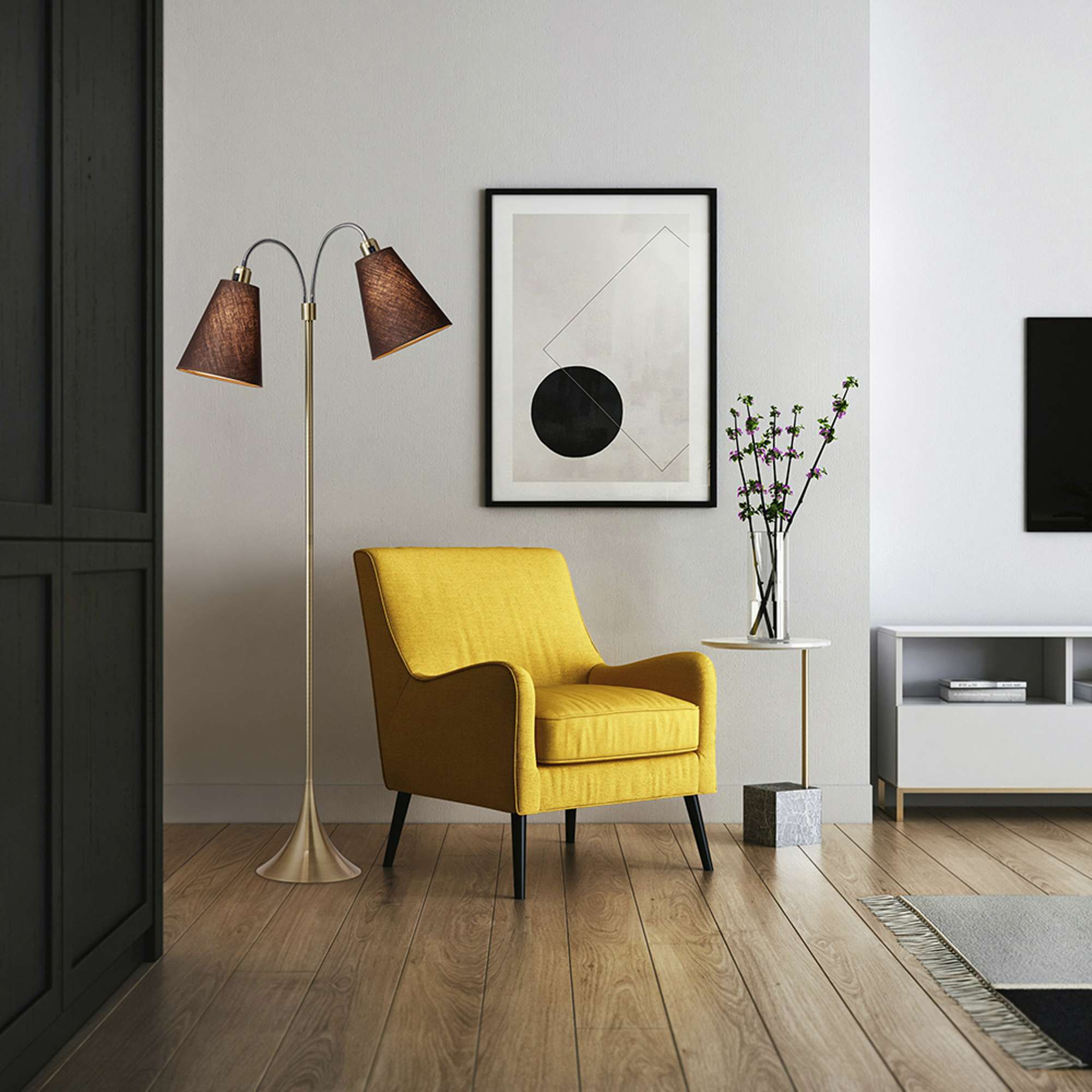 Fodgænger Gulvlampe Antik messing m/brune lampeskærme