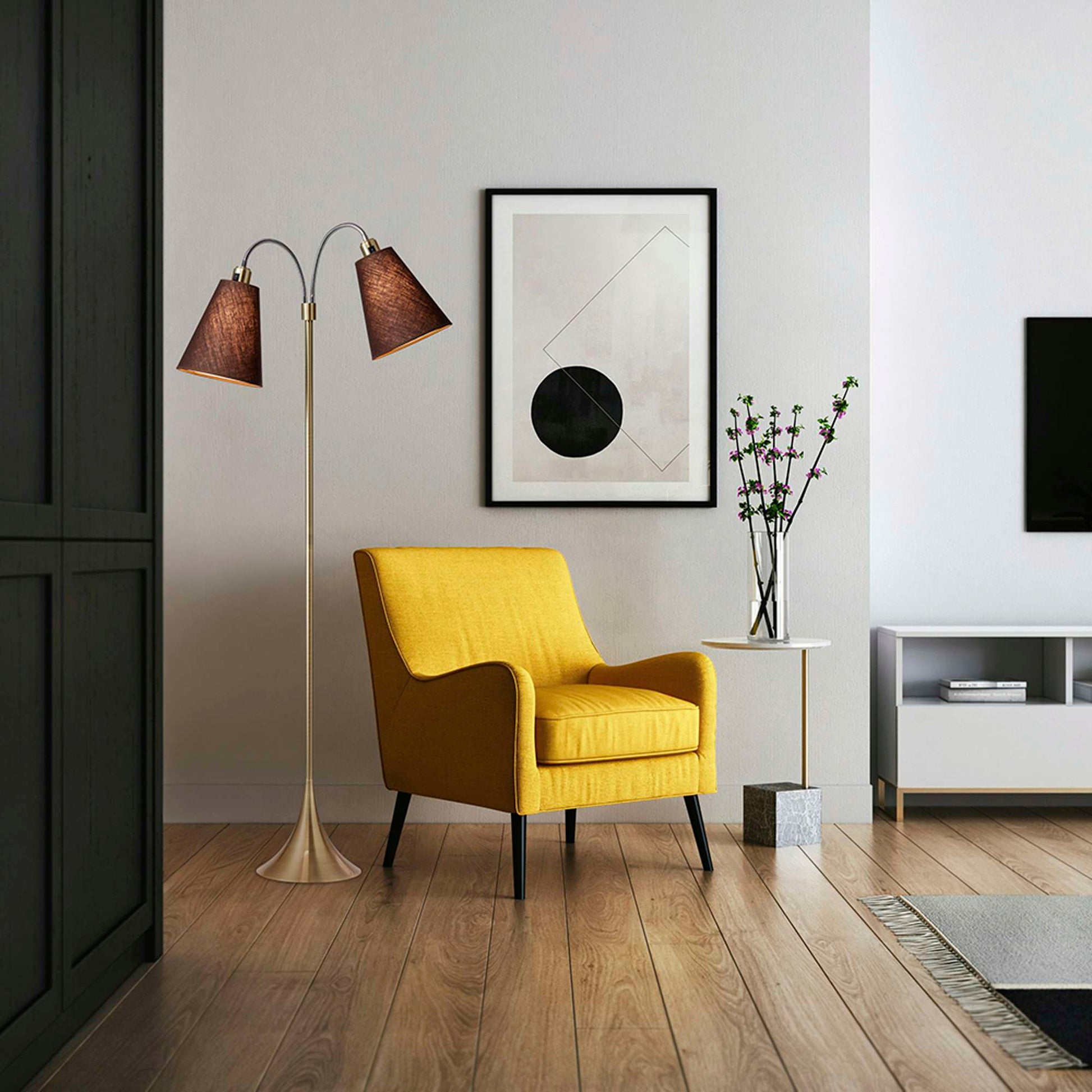 Fodgænger Gulvlampe Antik messing m/brune lampeskærme