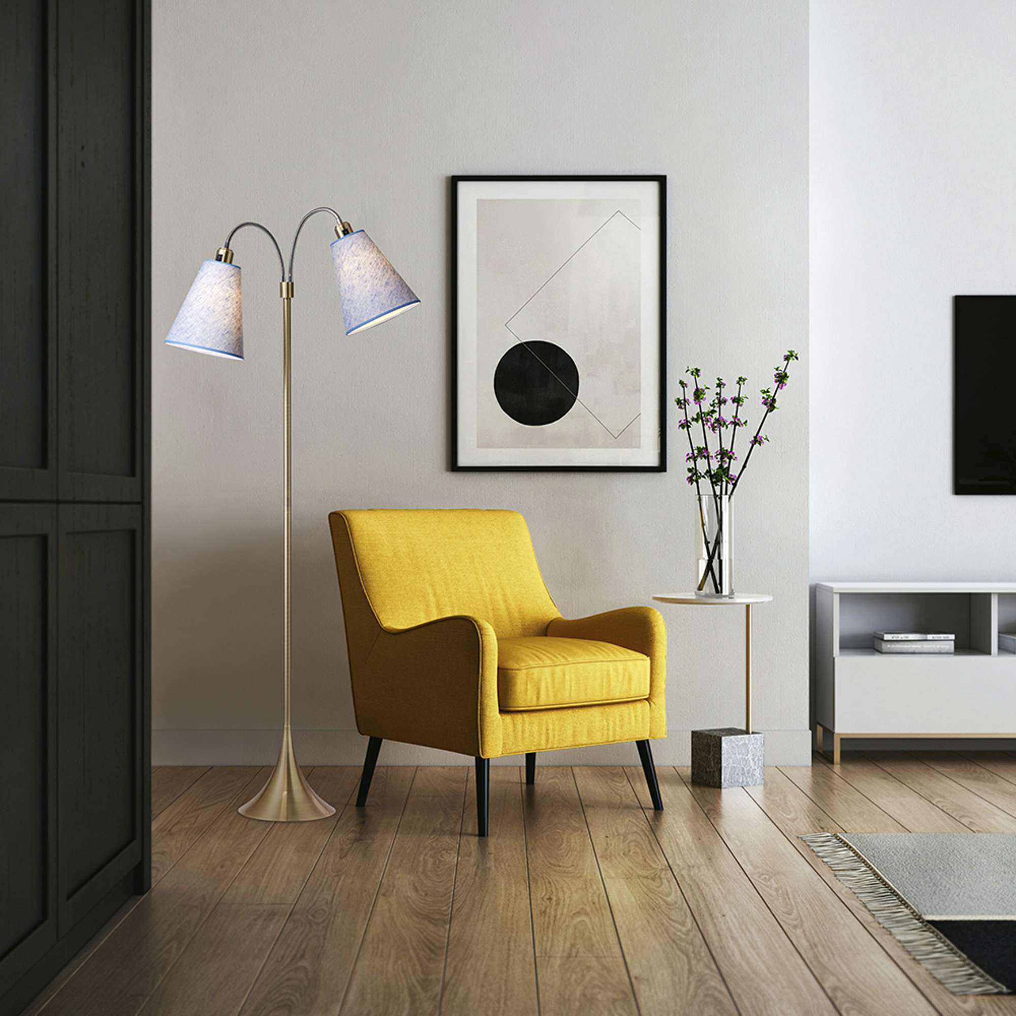 Fodgænger Gulvlampe Antik messing m/blå nistret lampeskærme