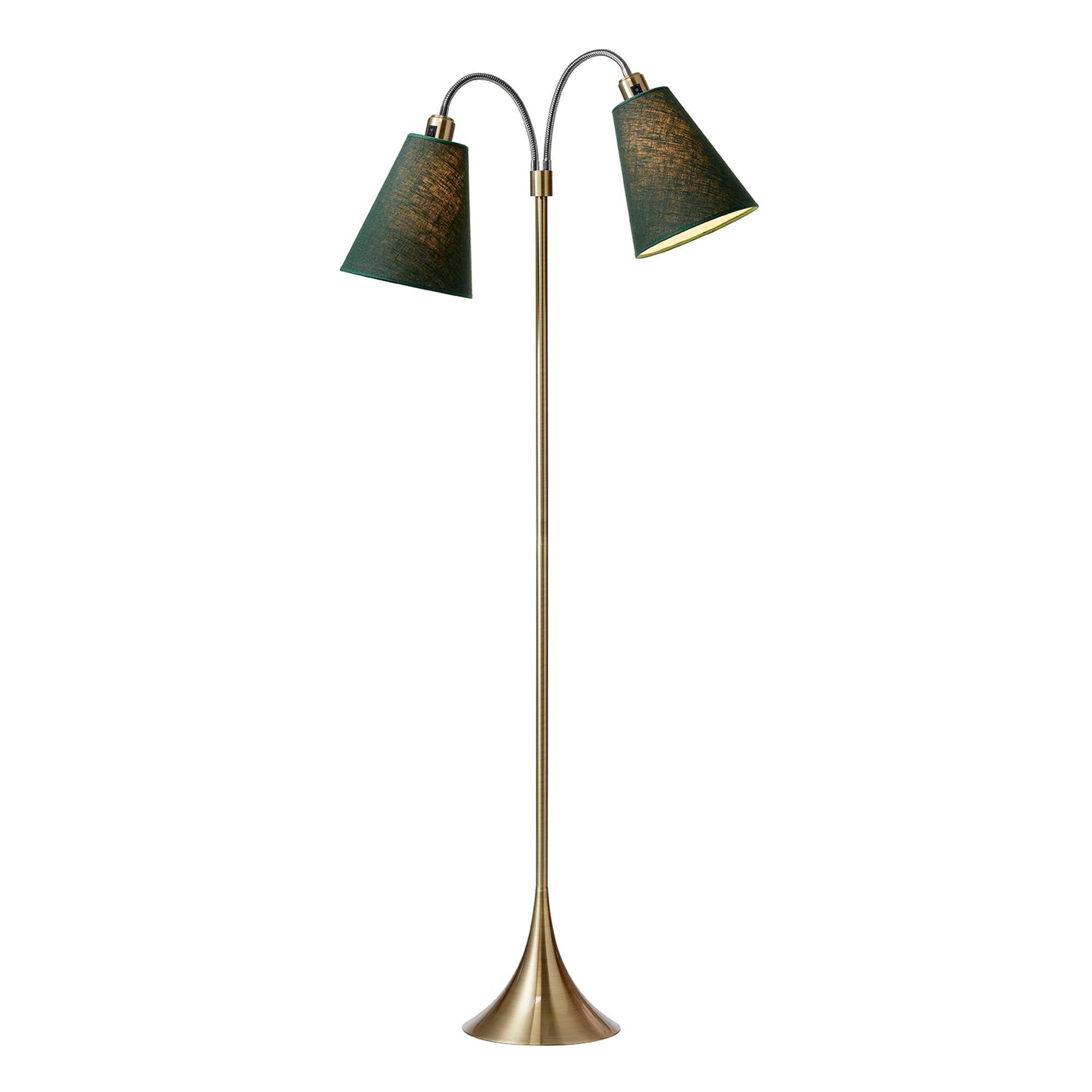 Fodgænger Gulvlampe Antik messing m/skovgrønne lampeskærme