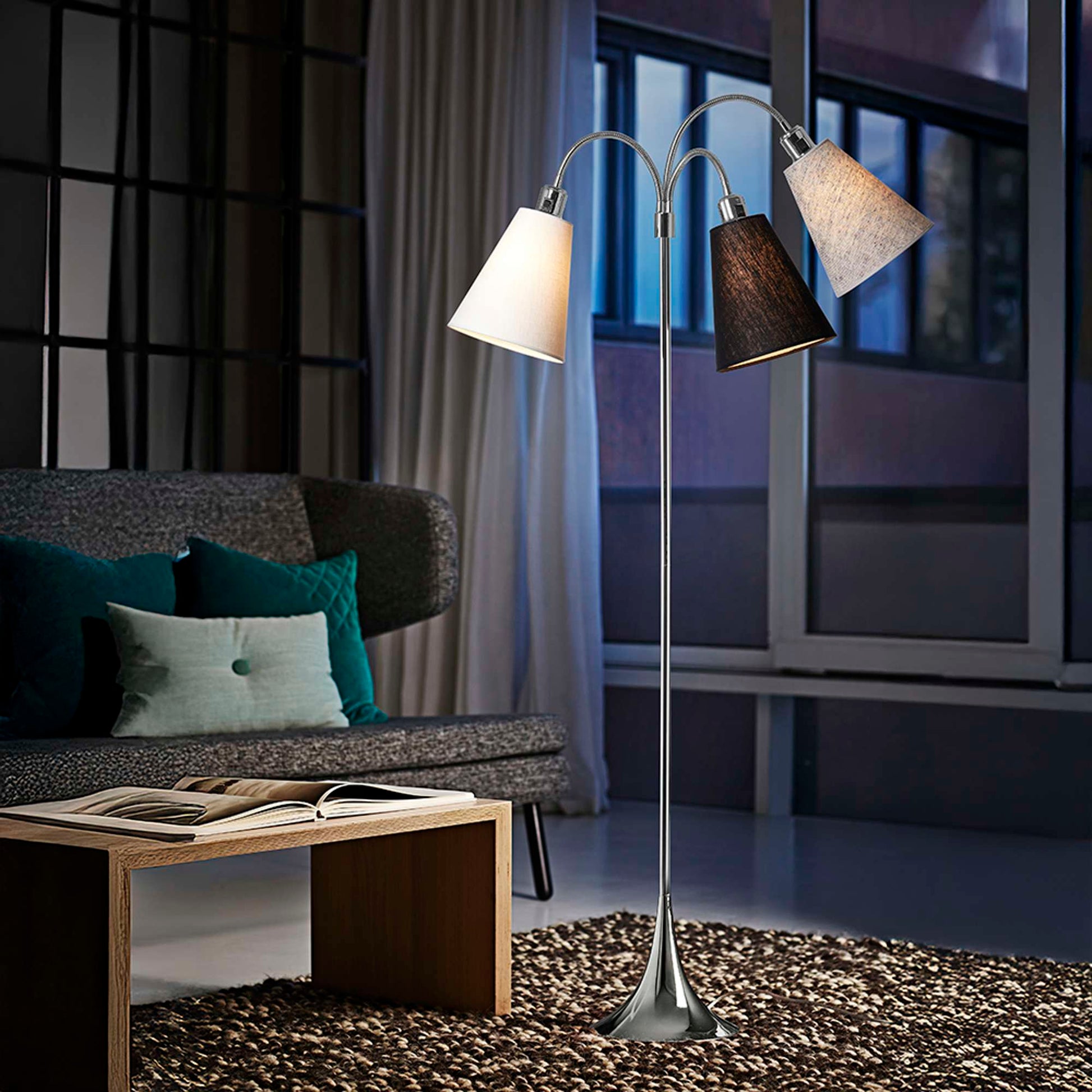 Trafik Gulvlampe Krom – m/hvid, sort og sort nistret lampeskærme