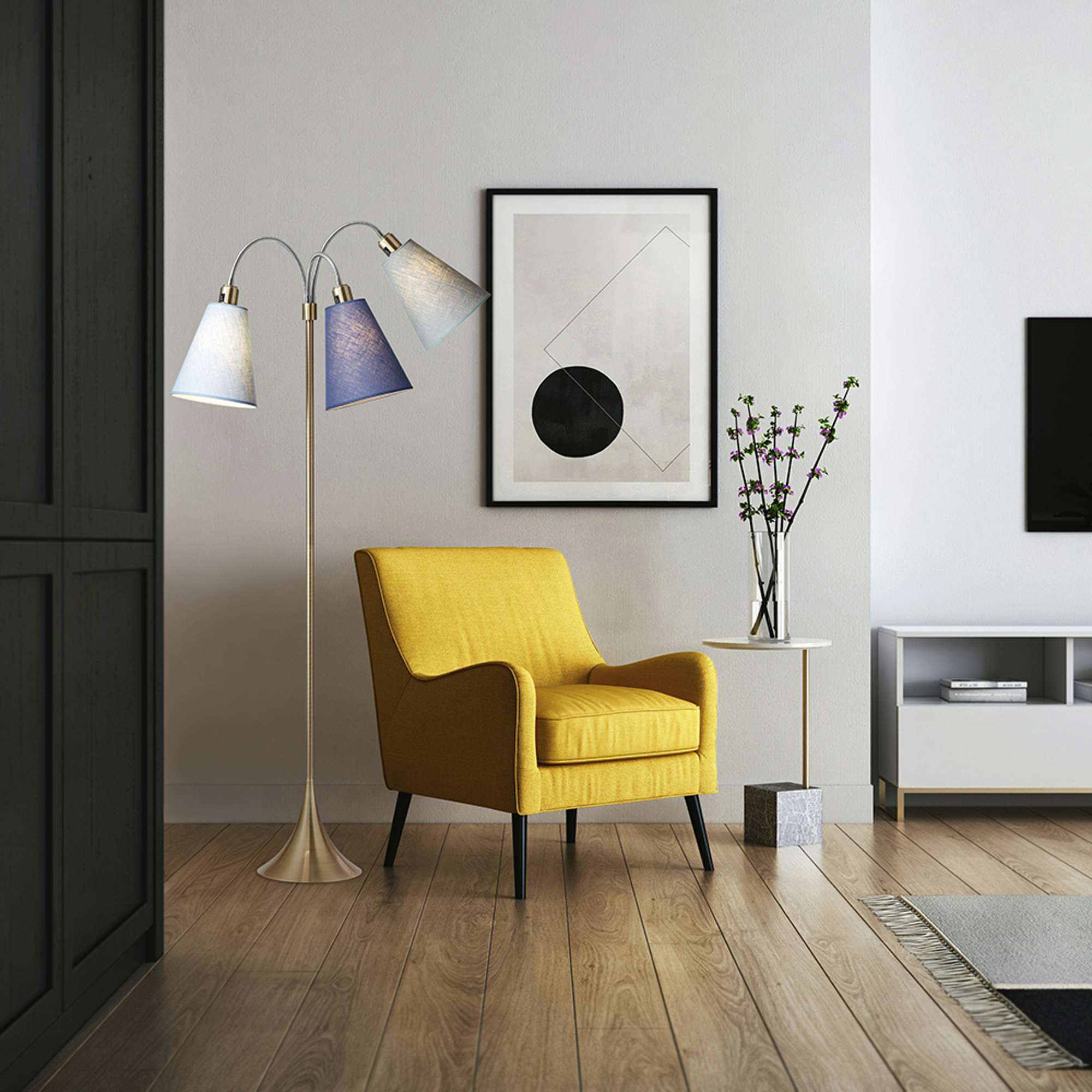 Trafik Gulvlampe Antik messing – m/lyseblå, dalablå og turkisblå lampeskærme